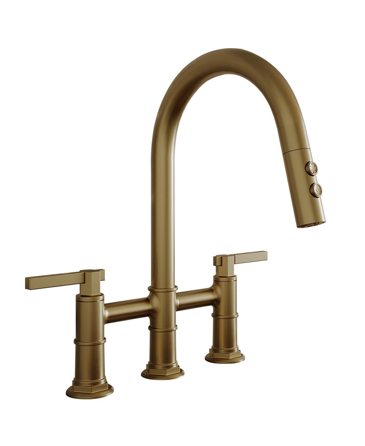Modern Double Handle 3-Holes Deck Mount Bridge Kitchen Faucet with 2-Sprayer Patterns and 360 Swivel Spout in - Brushed gold