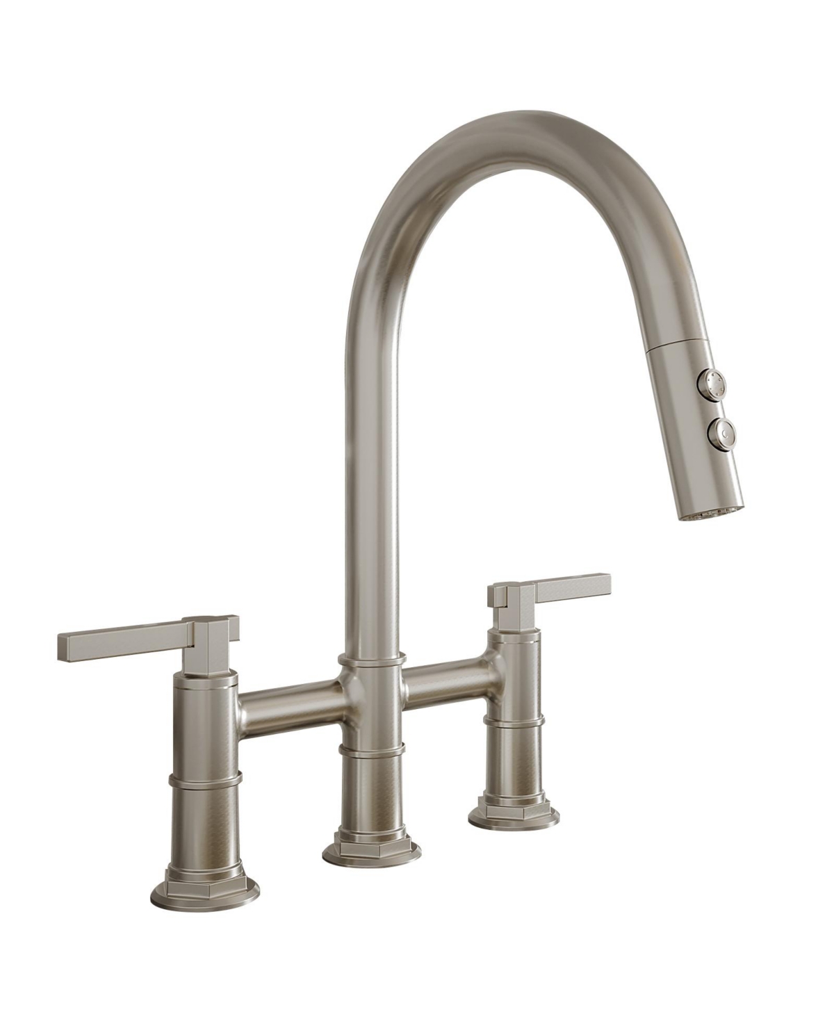 Modern Double Handle 3-Holes Deck Mount Bridge Kitchen Faucet with 2-Sprayer Patterns and 360 Swivel Spout in - Brushed nickel
