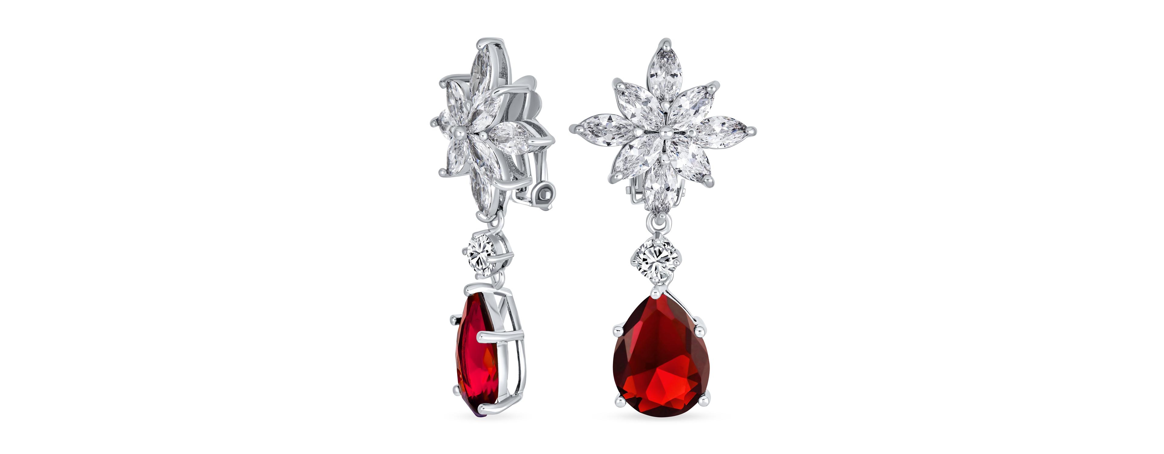 Bling Jewelry Art Deco Style Cluster Floral Cz Cubic Zirconia Statement Dangle Teardrop Chandelier Clip On Earrings Silver Plated