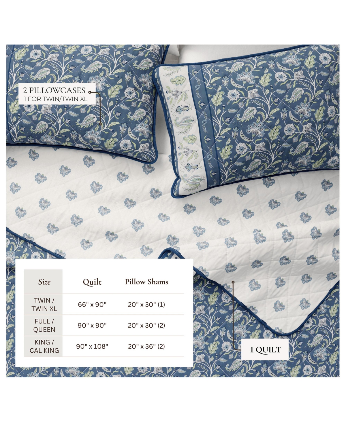 Linery & Co. Cotton Stitched Reversible Boho Floral 3 Piece Quilt and Sham Set