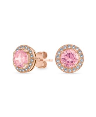 Colorful CZ Halo Solitaire Stud Earrings in Rose Gold Sterling Silver