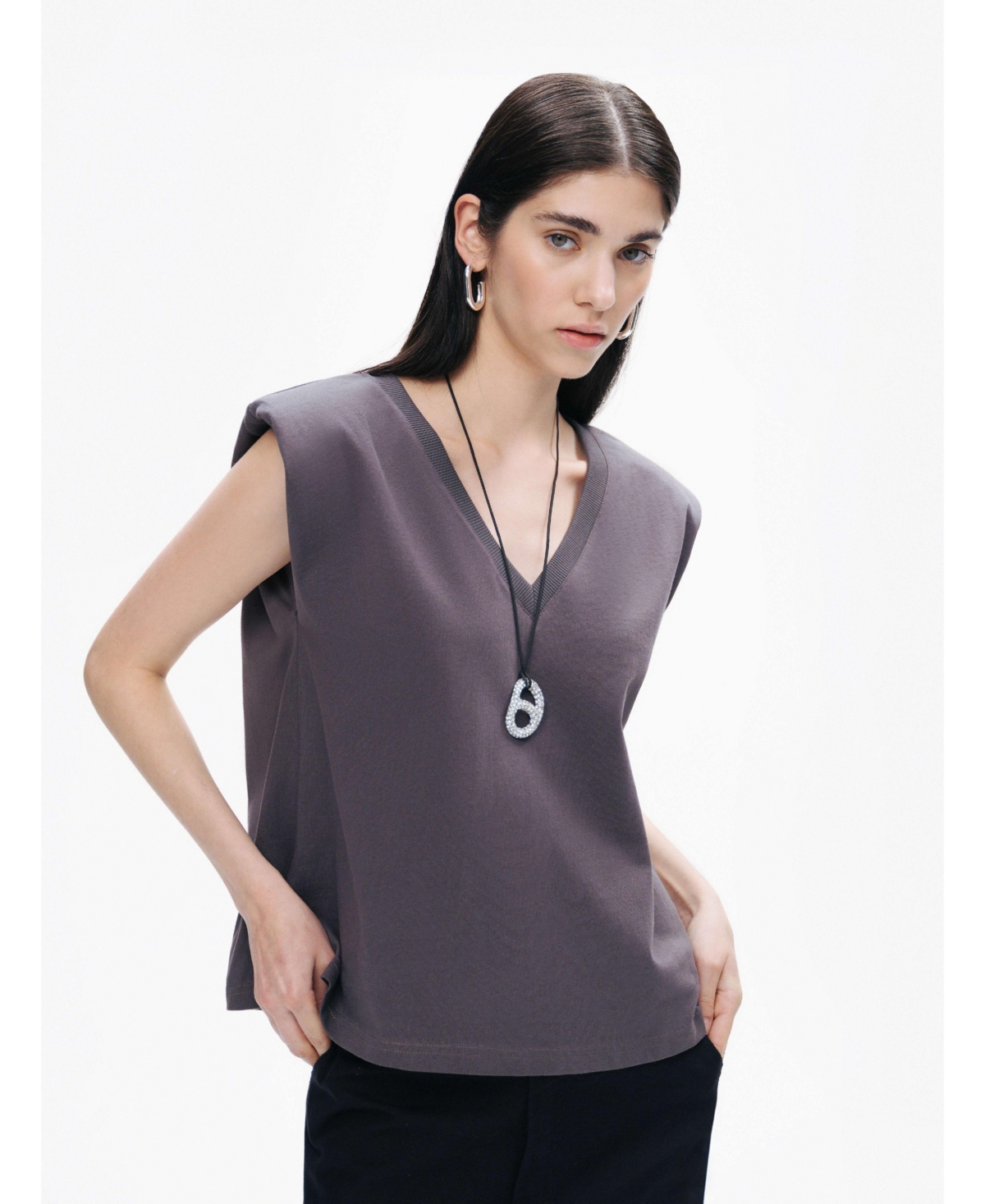 Women's V-Neck Padded T-Shirt - Anthracite
