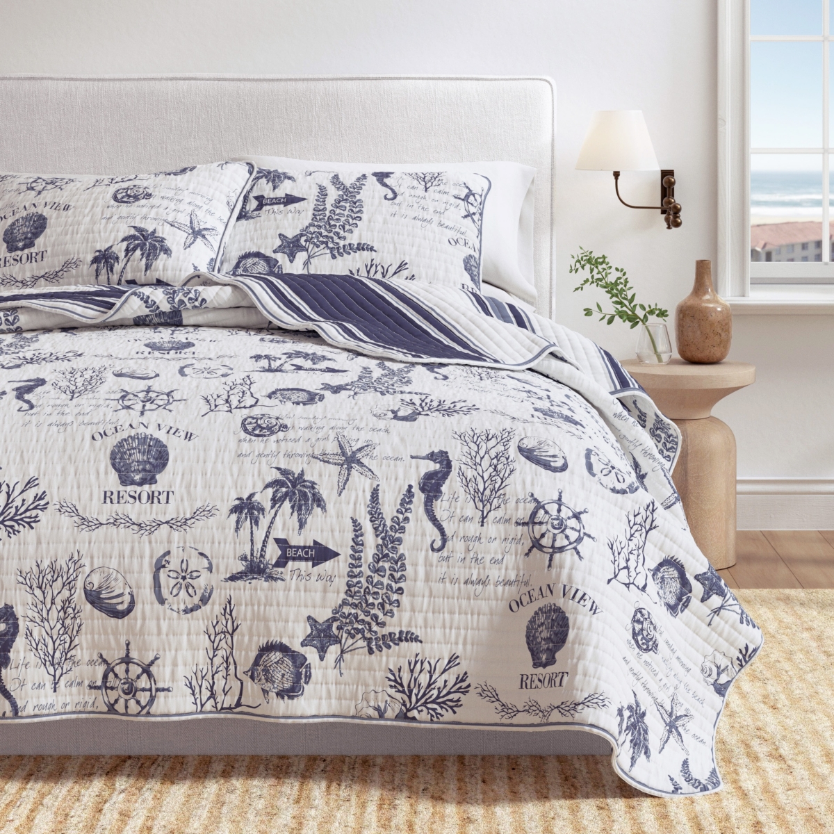 Linery & Co. Cotton Stitched Reversible Coastal Quilt and Sham Set