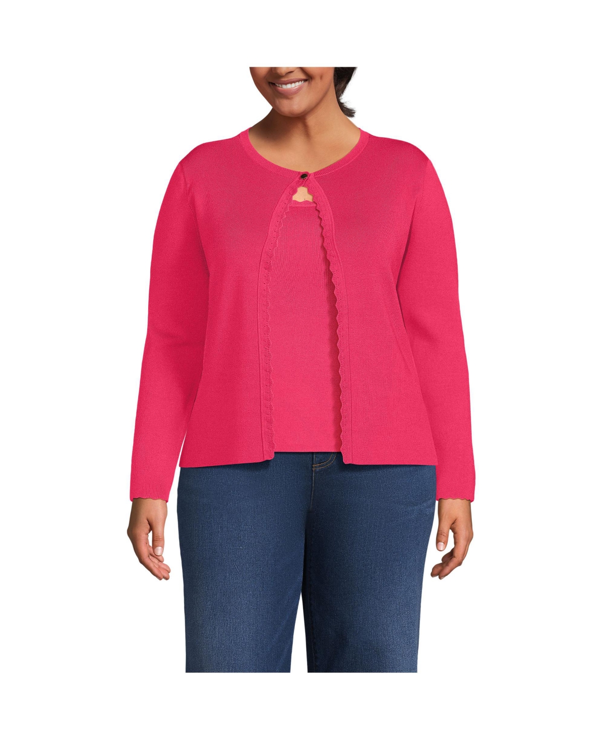 Plus Size Blend Scallop Edge Fitted Cardigan Sweater - Set Top - Berry rouge