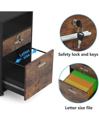 Mobile File Cabinet with Lock, 2 Drawer Wood Filing Cabinet for Letter Size, Modern Printer Stand with Rolling Wheels Open Storage Shelf for Home Office