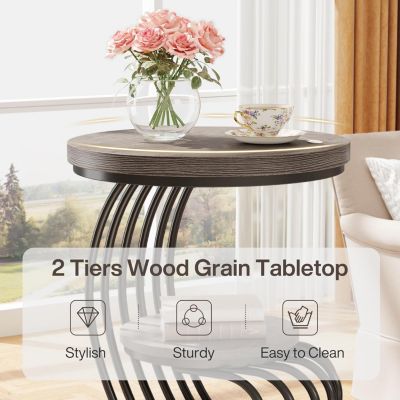 Round End Table: 2 Tiers Faux Marble Side Table, Bedside Nightstand, Metal Arc-Shaped Frame Accent Table