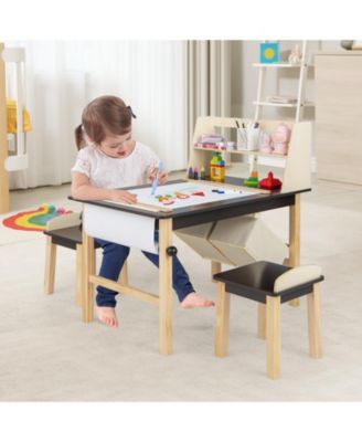 Kids Art Table and Chairs Set with Paper Roll and Storage Bins