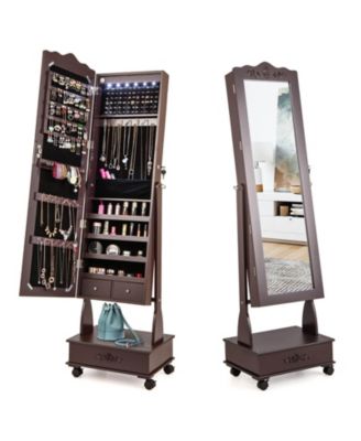Rolling Floor Standing Mirrored Jewelry Armoire with Lock and Drawers
