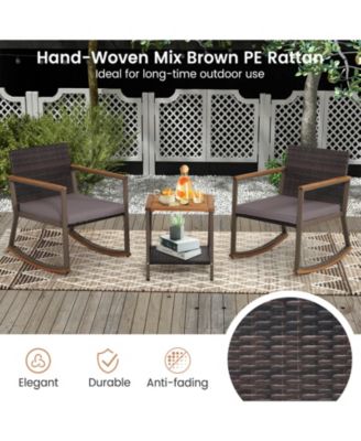 3 Pieces Rattan Rocking Bistro Set with Table and Cushions