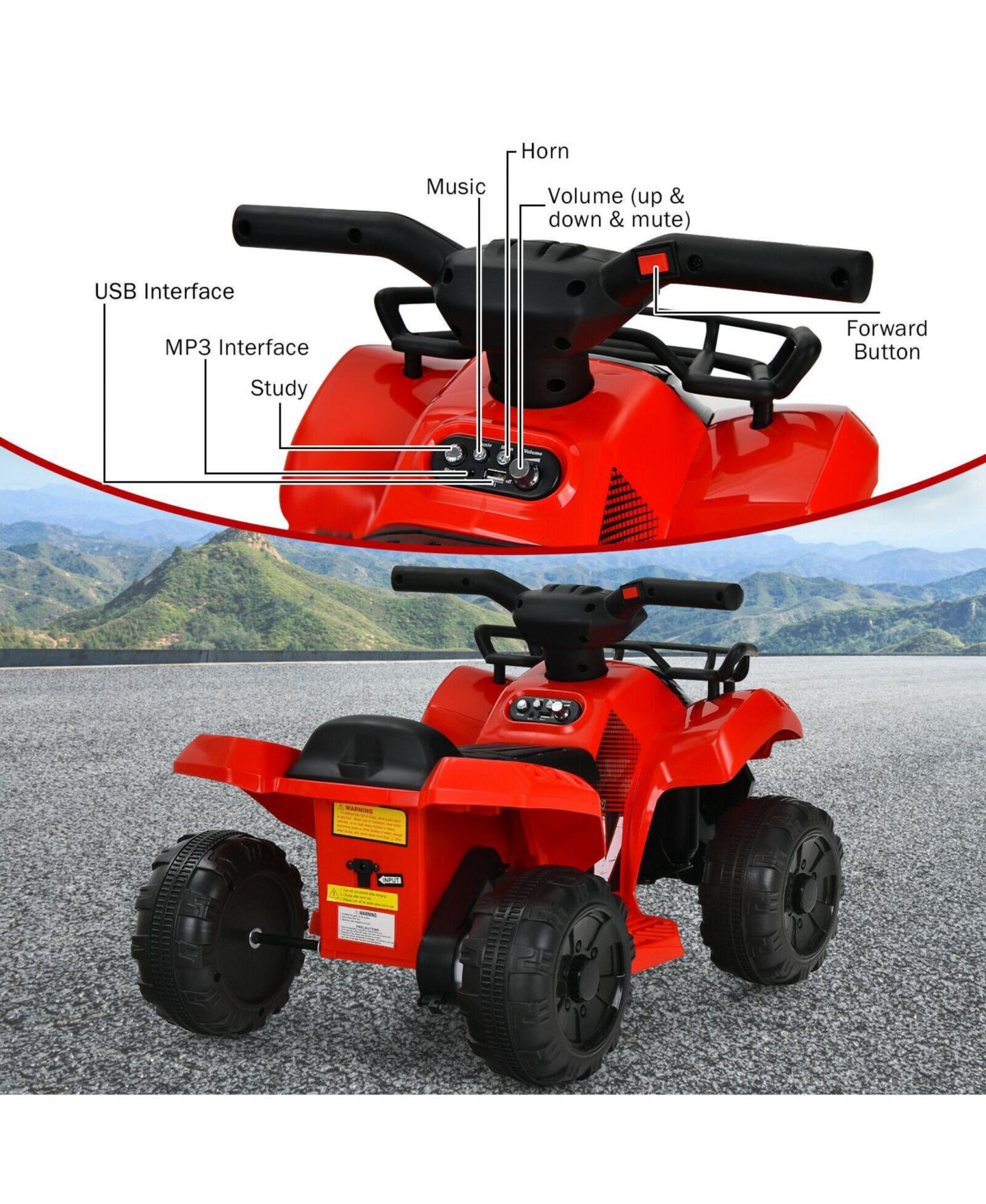 Детская игрушка HONGGE 6V Electric Quad Bike with Rechargeable Battery, LED Lights and MP3 Player, Ages 3+, цвет: Красный — фото 7