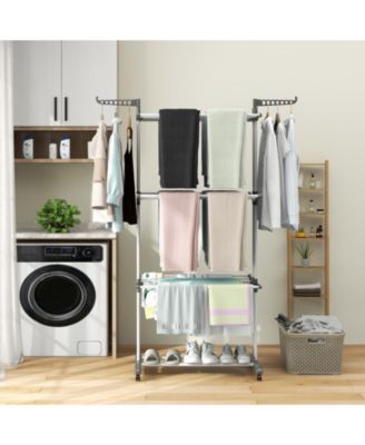 Foldable Clothes Drying Rack, Oversized 4-Tier Collapsible Laundry Rack w/ 3 Retractable Trays, Hanger Holders