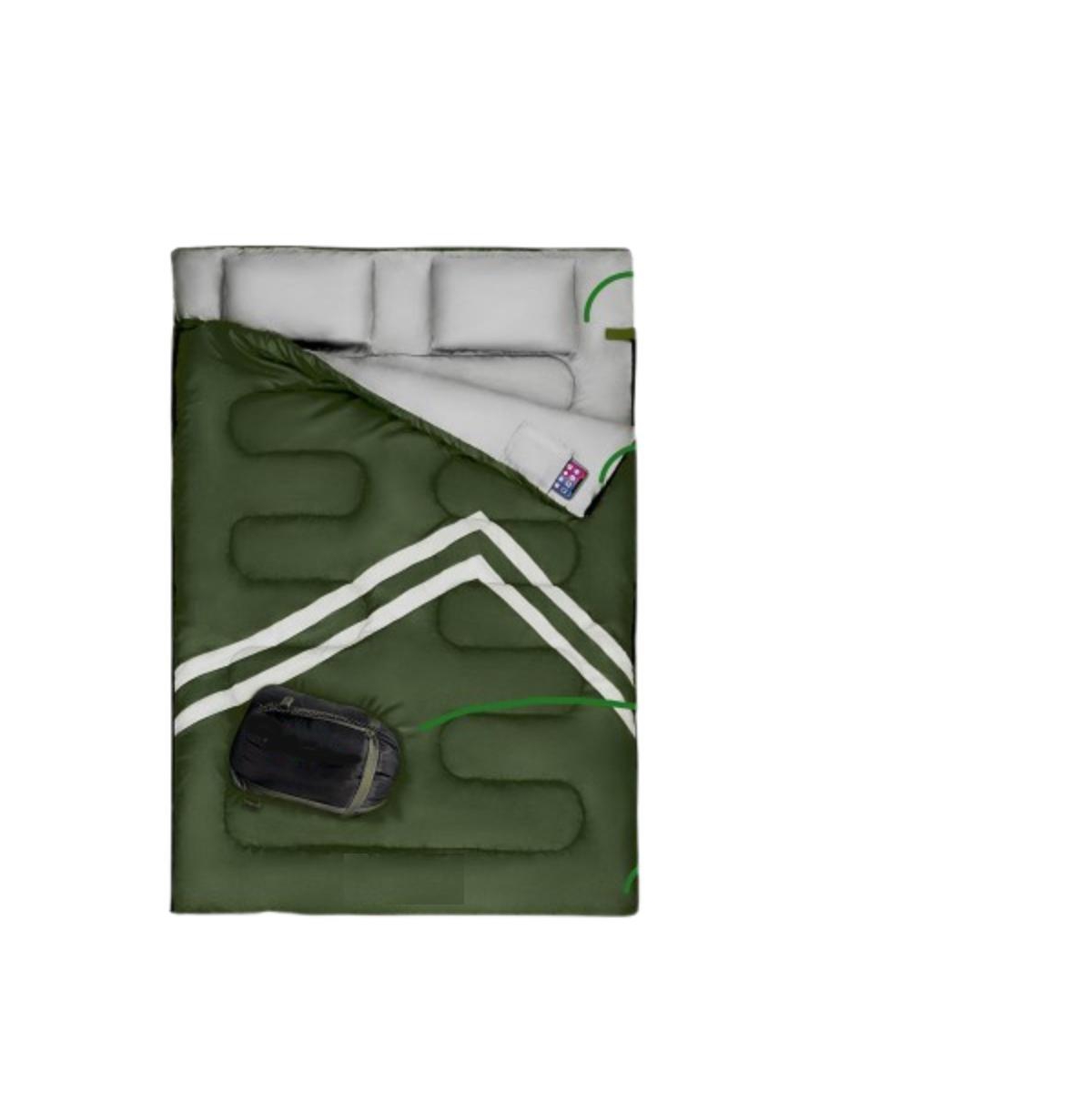 Double Sleeping Bag with Two Pillows &#x2013; Lightweight & Waterproof Sleeping Bag for Adults or Teens, Includes Carrying Bag - Green