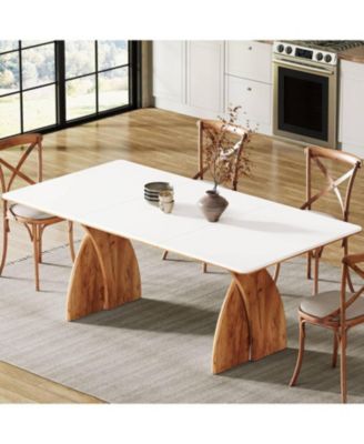 Large Dining Table for 6-8 People, Farmhouse Kitchen Table with Wood Legs, Rectangular Modern White Dinner Table for Dining Room, Living Room, Easy to Assemble