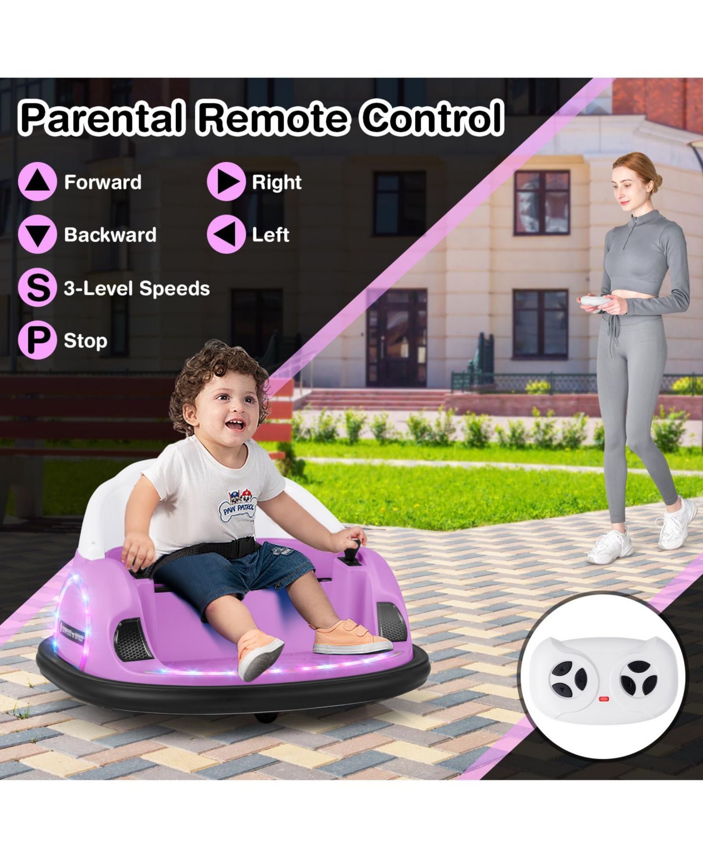 Детская игрушка HONGGE 12V 360° Spinning Bumper Car with Remote Control, LED Lights & Music, 1-Seat, Ages 18+ Months, цвет: Розовый — фото 3