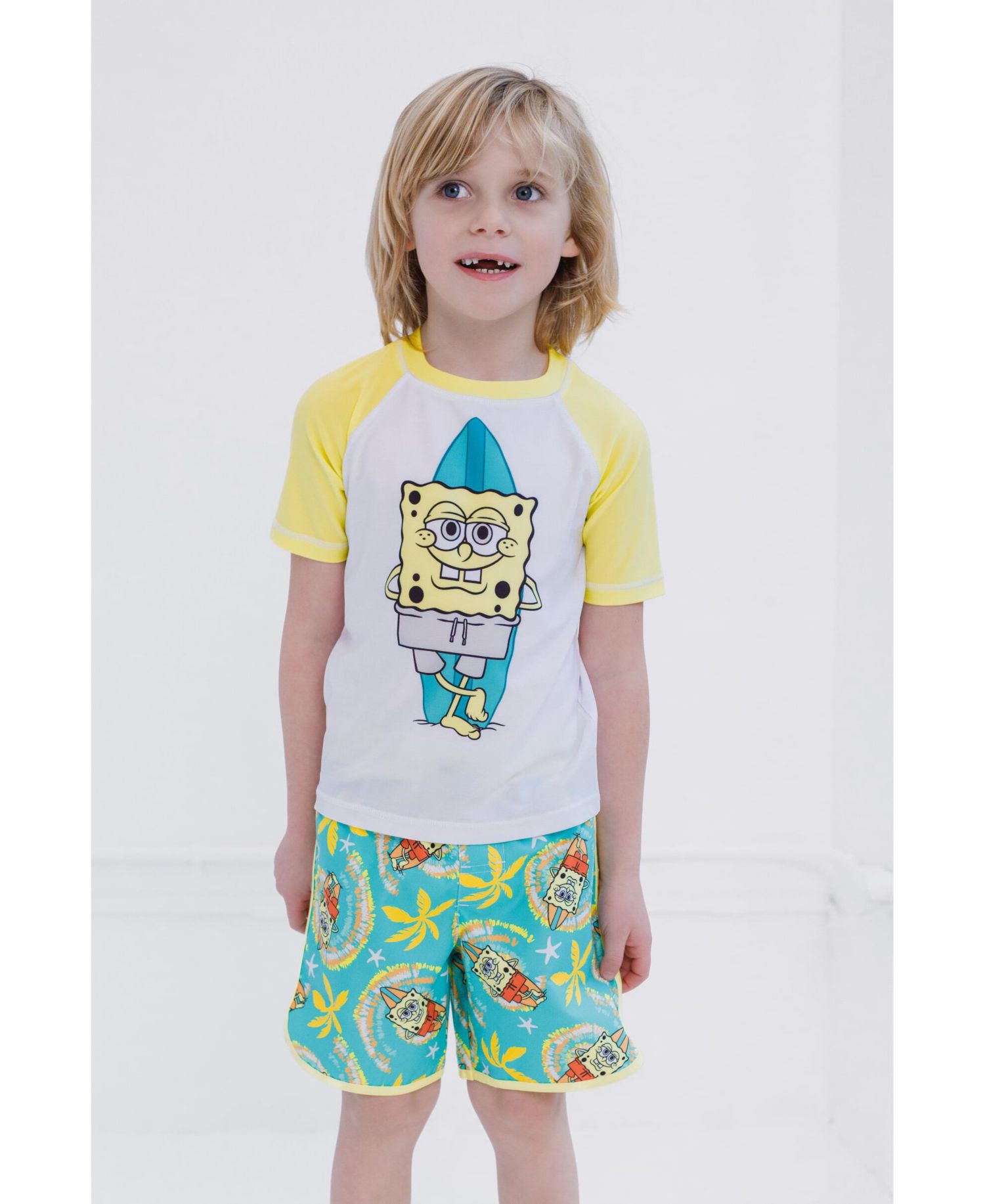 Boys Surfboard UPF 50+ Rash Guard and Swim Trunks Outfit Set