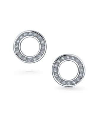 Geometric Pave Cubic Zirconia Open Circle Round Disc O CZ Stud Earrings Rose Gold Plated .925 Sterling Silver