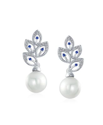 Statement Pave CZ Cubic Zirconia Leaf White Simulated Pearl Drop Earrings Silver Plated