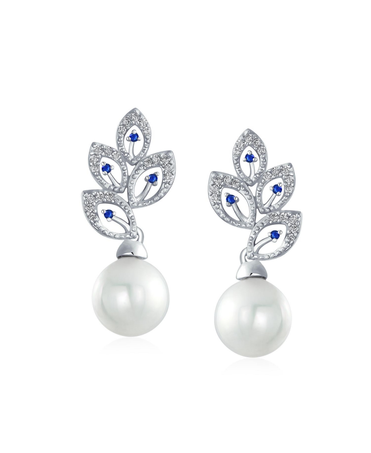 Bling Jewelry Statement Pave Cz Cubic Zirconia Leaf White Simulated Pearl Drop Earrings Silver Plated