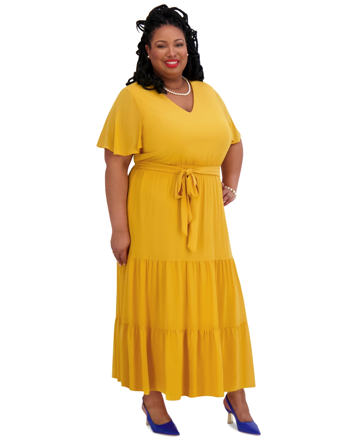Kasper Women's V-neck Flutter-sleeve Maxi Dress, Regular & Plus Sizes In Gold Signature