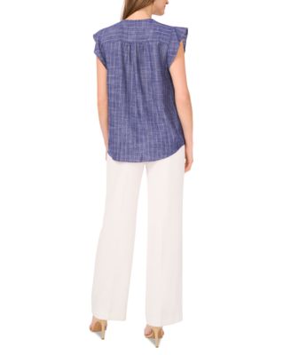 Women's Chambray Shine-Stripe Flutter-Sleeve Top