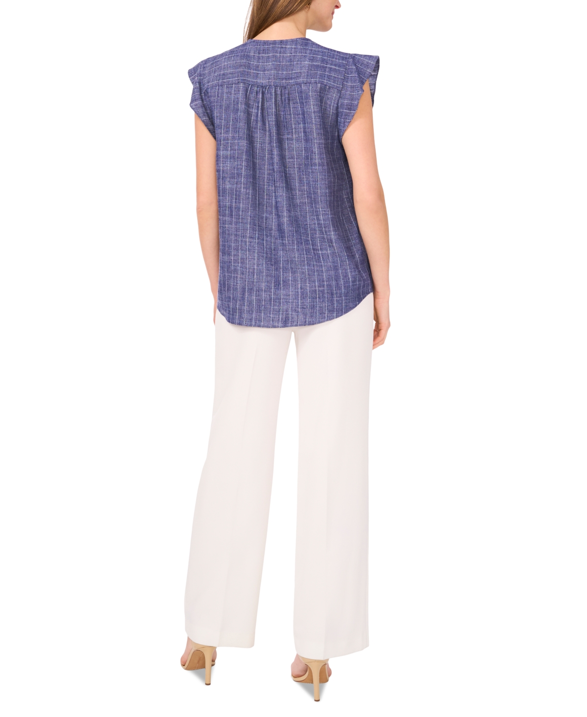 VINCE CAMUTO WOMEN'S CHAMBRAY SHINE-STRIPE FLUTTER-SLEEVE TOP 