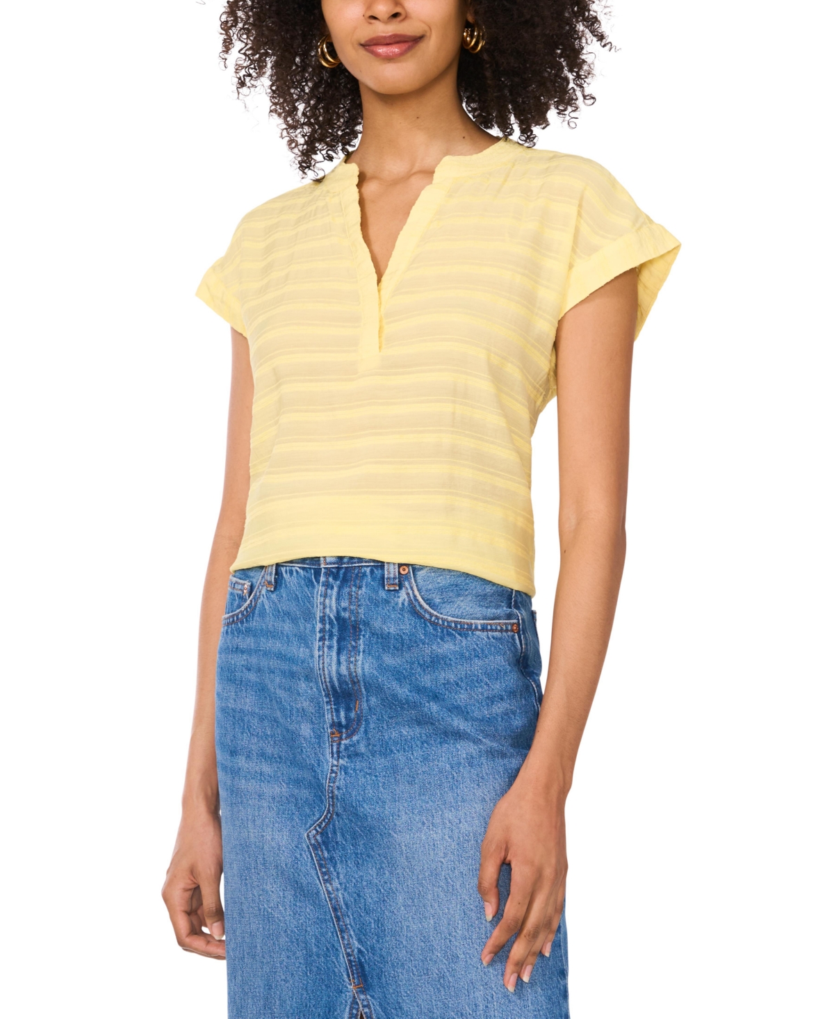 Women's Textured Split-Neck Cap Sleeve Top - Yellow Rose