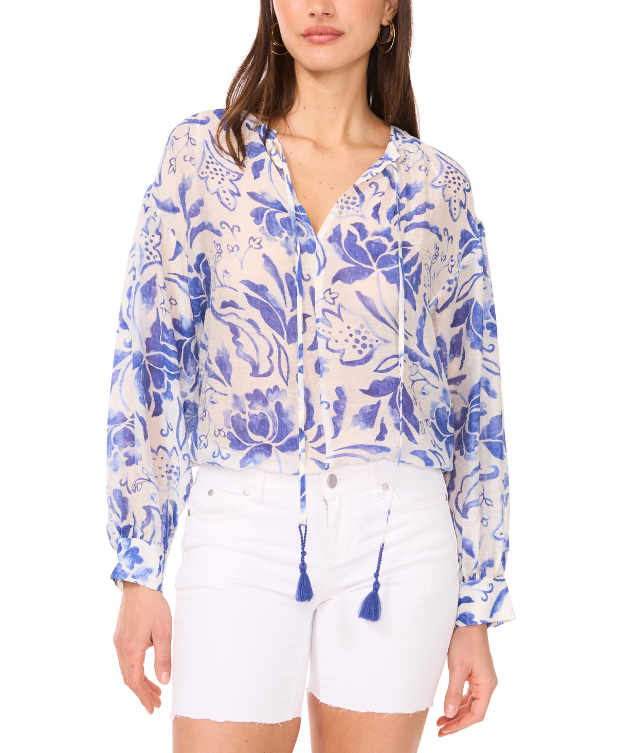 Women's Printed Tie-Front Top - Sapphire Sky