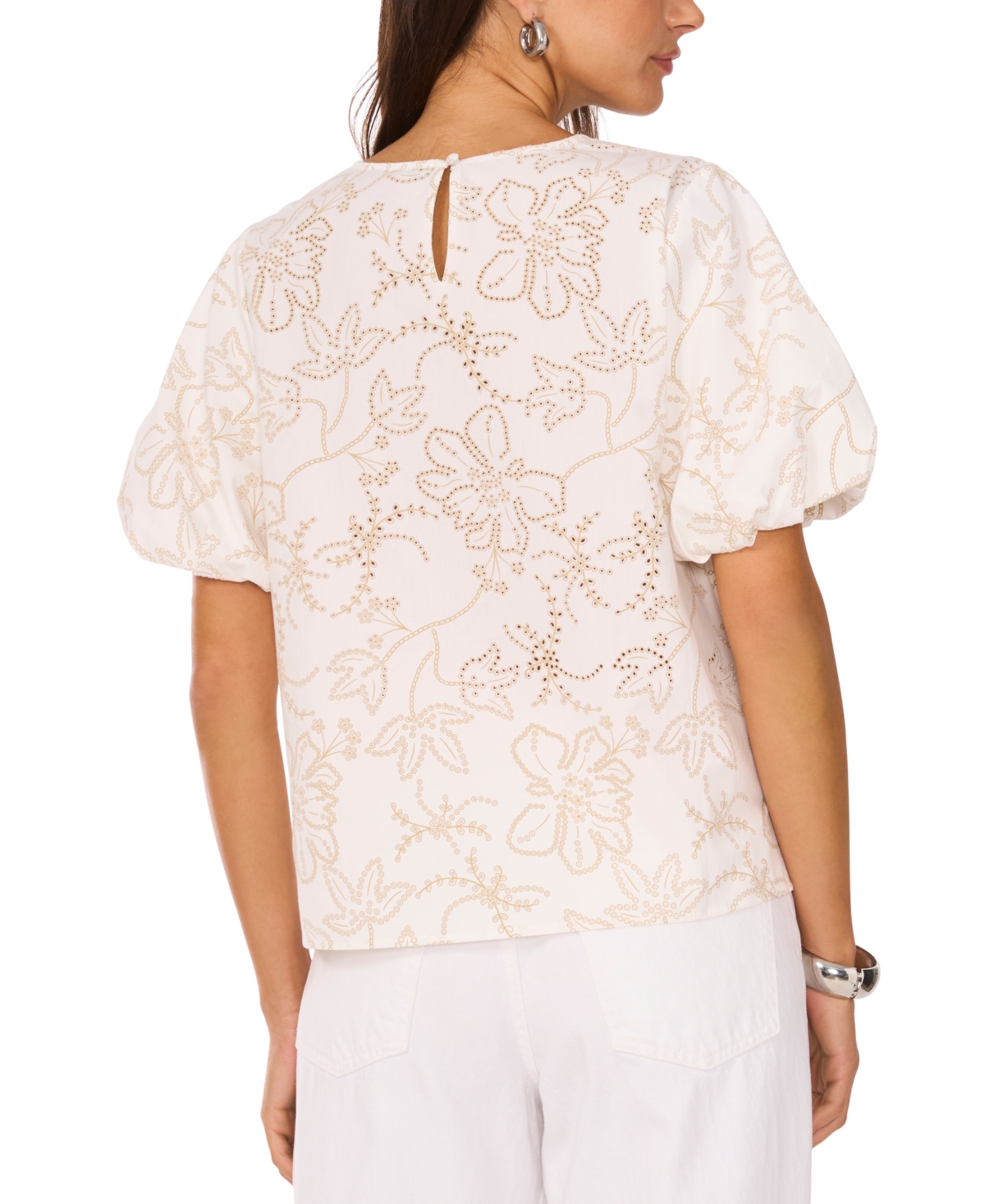 Vince Camuto Floral Eyelet Puff Sleeve Cotton Top In Ultra White