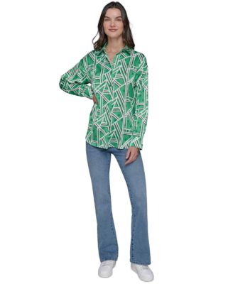 Женский атласный топ на пуговицах оверсайз с гео-принтом KARL LAGERFELD PARIS из сатина большого размера спереди