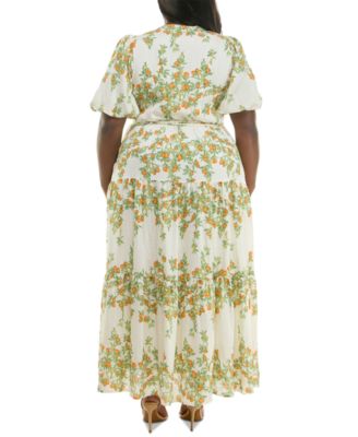 Plus Size Floral Split-Neck Puff-Sleeve Maxi Dress