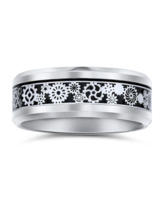 Steampunk Gear Wheel Silver Black Plated Titanium Ring Band Carbon Fiber Inlay Beveled Edges Comfort Fit