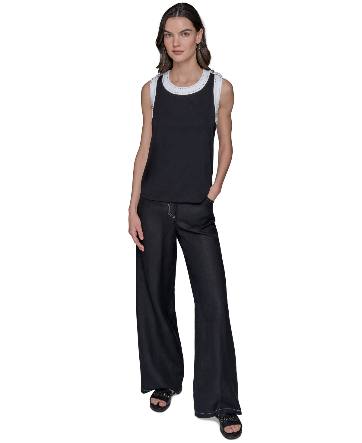 Shop Karl Lagerfeld Women's Contrast-trim Sleeveless Top In Black  Soft White