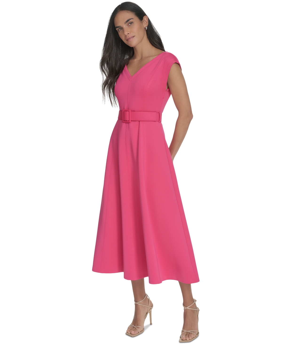 Calvin Klein Women's V-neck Belted A-line Scuba Dress In Hibiscus