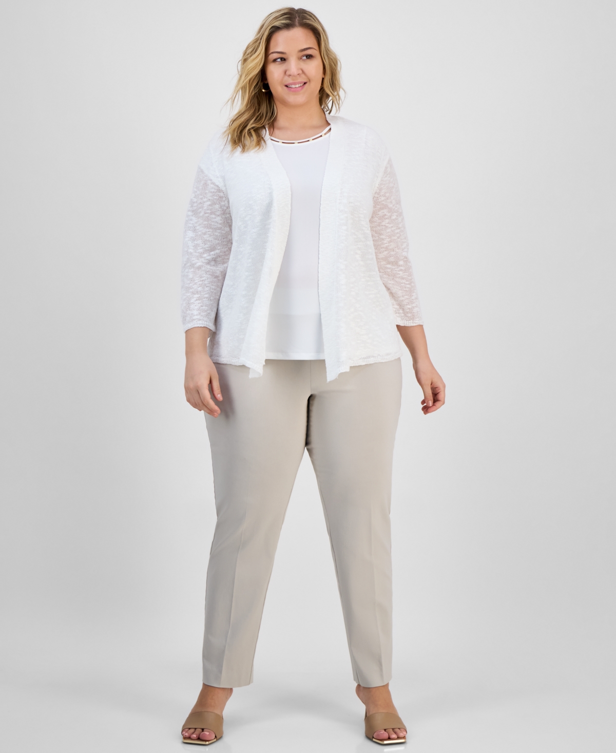 Kasper Plus Size Collarless Open-front Cardigan Sweater