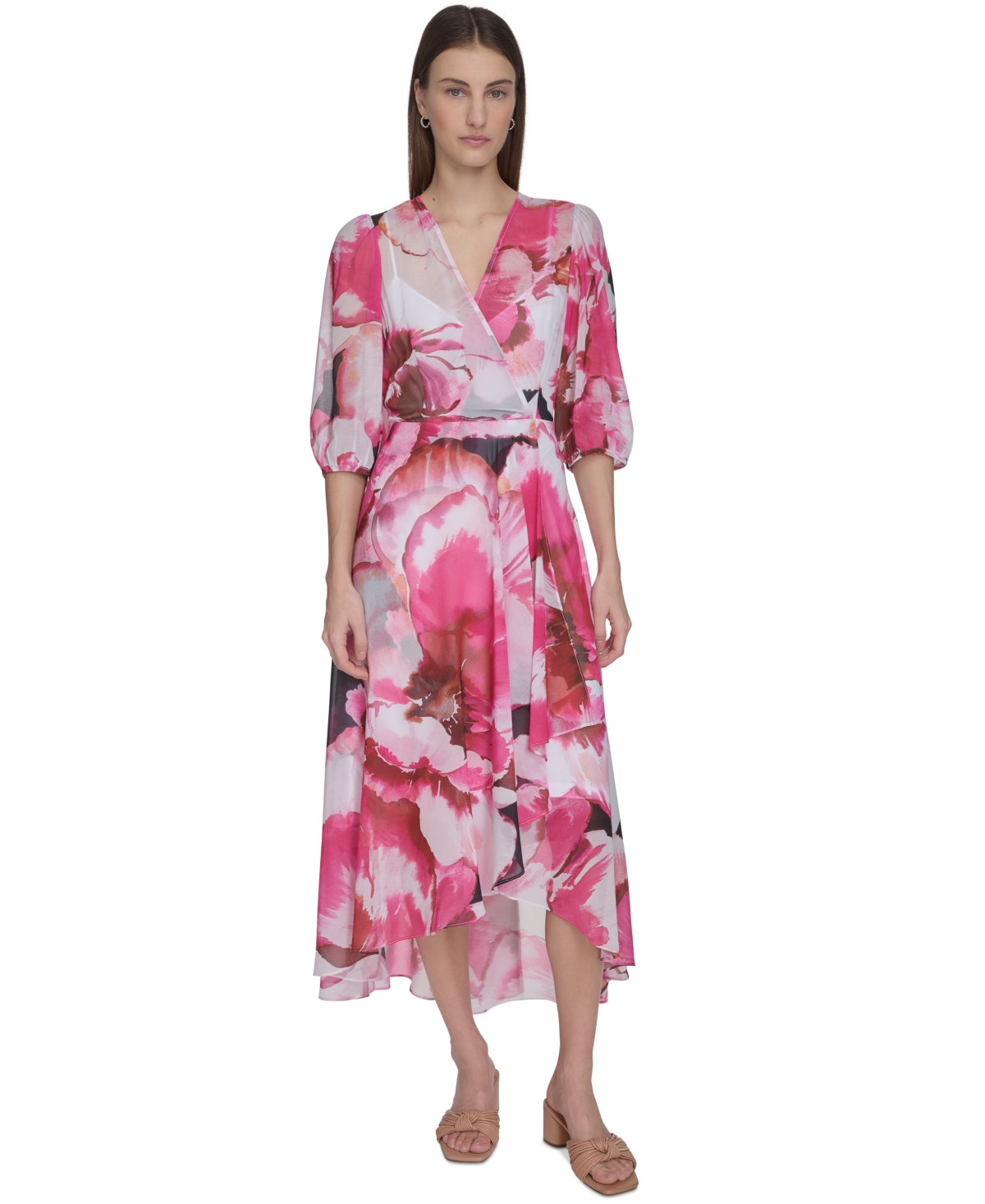 Shop Calvin Klein Women's Floral Chiffon High-low Dress In Hibiscus Multi