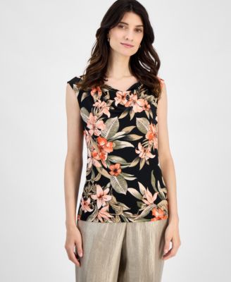 Kasper - Women's Floral Raglan Cap-Sleeve V-Neck Blouse