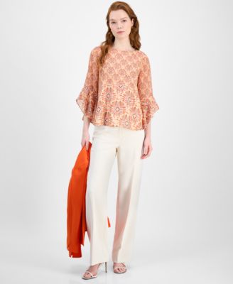 Женская блузка Kasper с вырезом лодочкой и оборками на рукавах с принтом, обычные и миниатюрные размеры