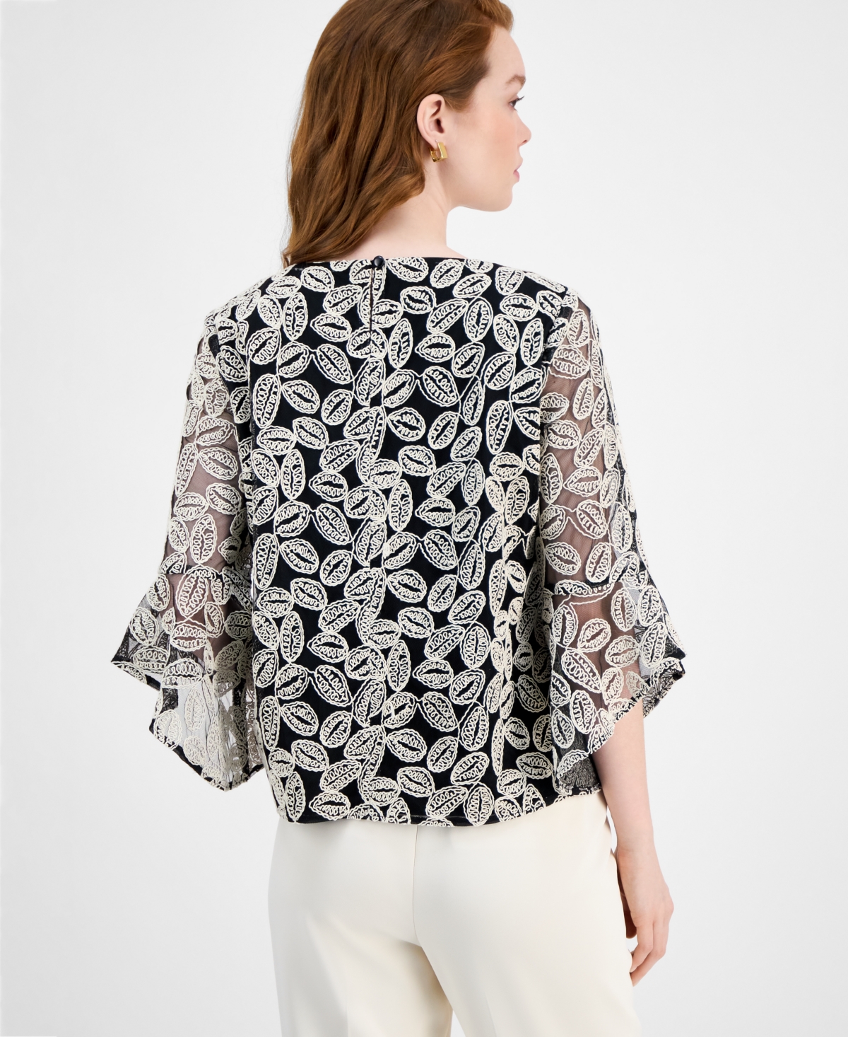 Kasper Women's Embroidered Ruffle-sleeve Blouse, Regular & Petite Sizes