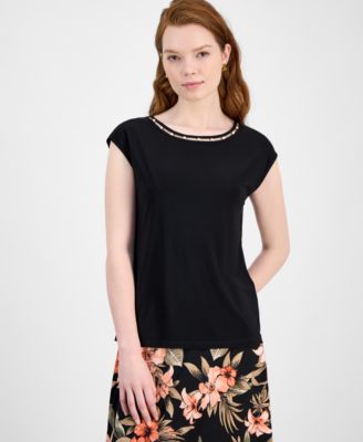 Kasper - Women's Beaded-Trim Extended-Shoulder Top
