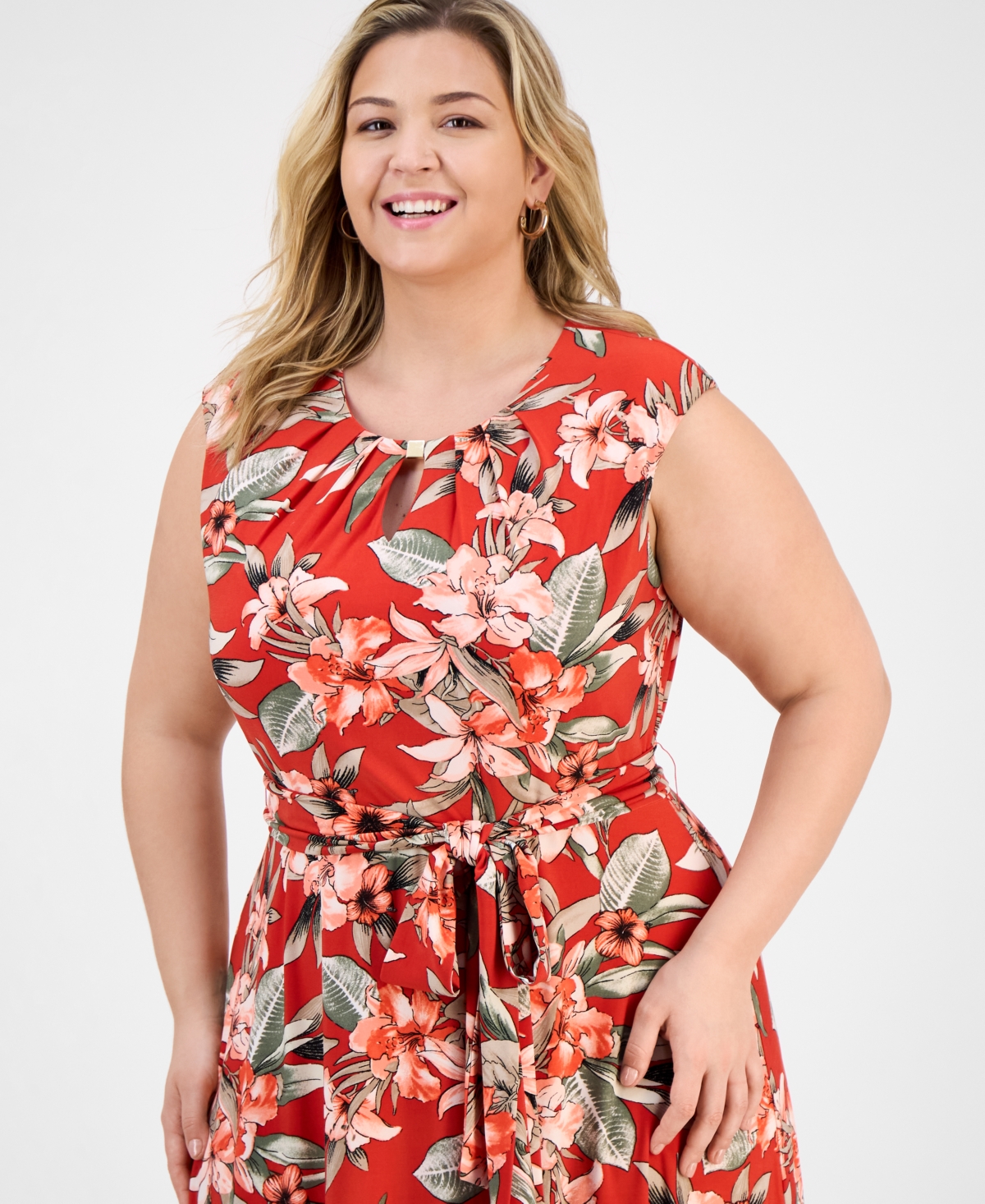 Kasper Plus Size Pleated Keyhole-neck Belted Midi Dress