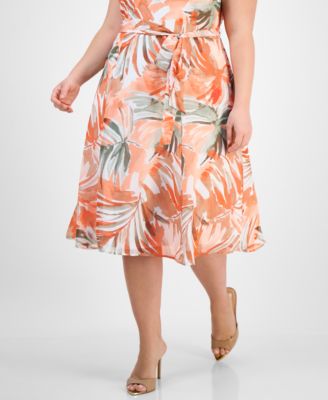 Миди-платье Kasper Plus Size с воротником-стойкой и поясом без рукавов