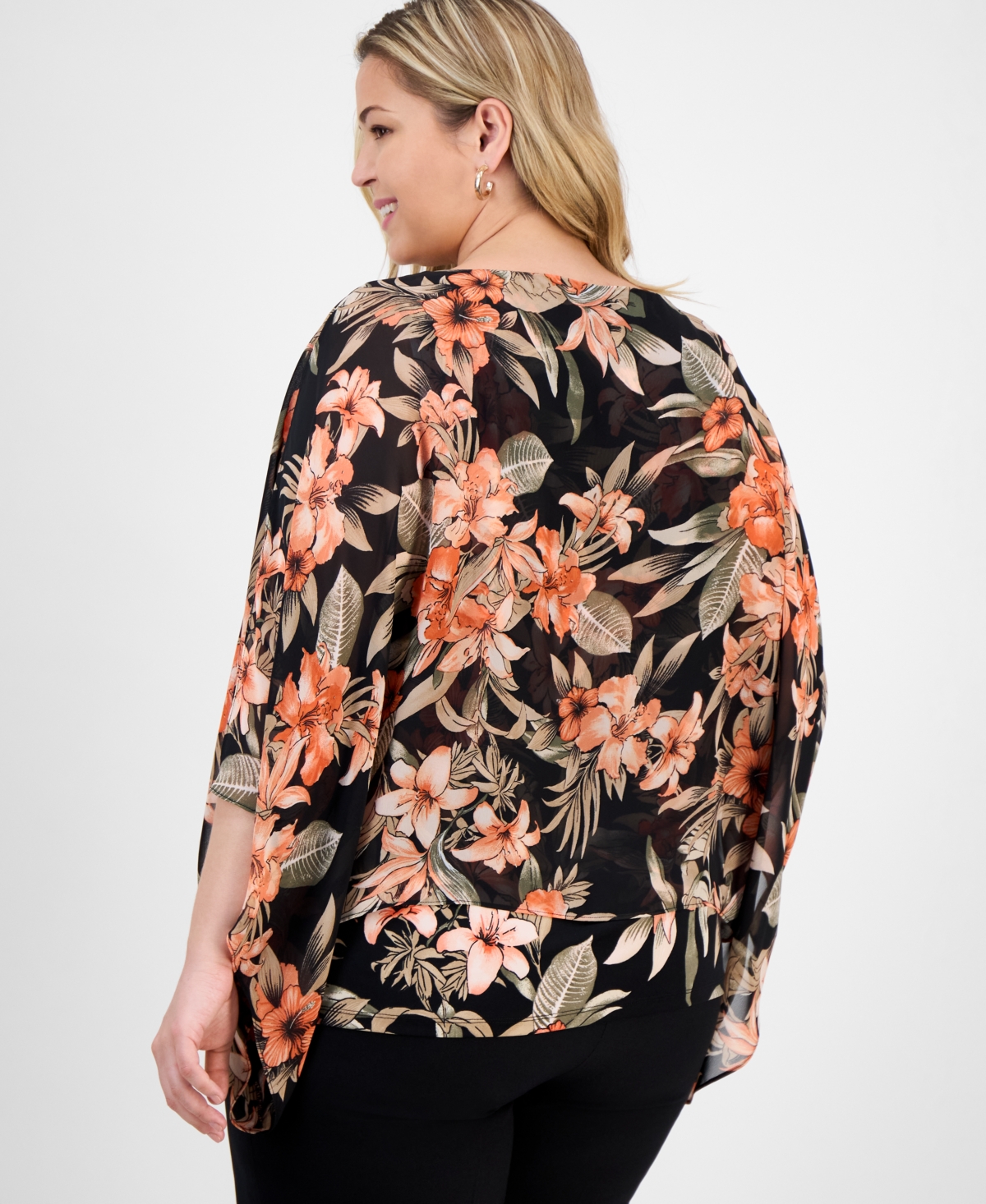 Kasper Plus Size Floral 3/4-sleeve Poncho Top In Multi