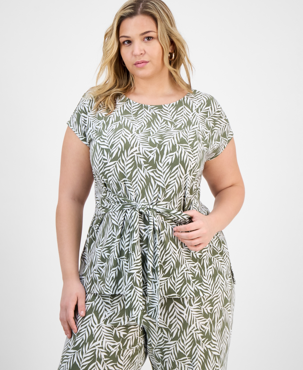 Plus Size Printed Tie-Waist Cap-Sleeve Top - Olive Leaf/Vanilla Ice