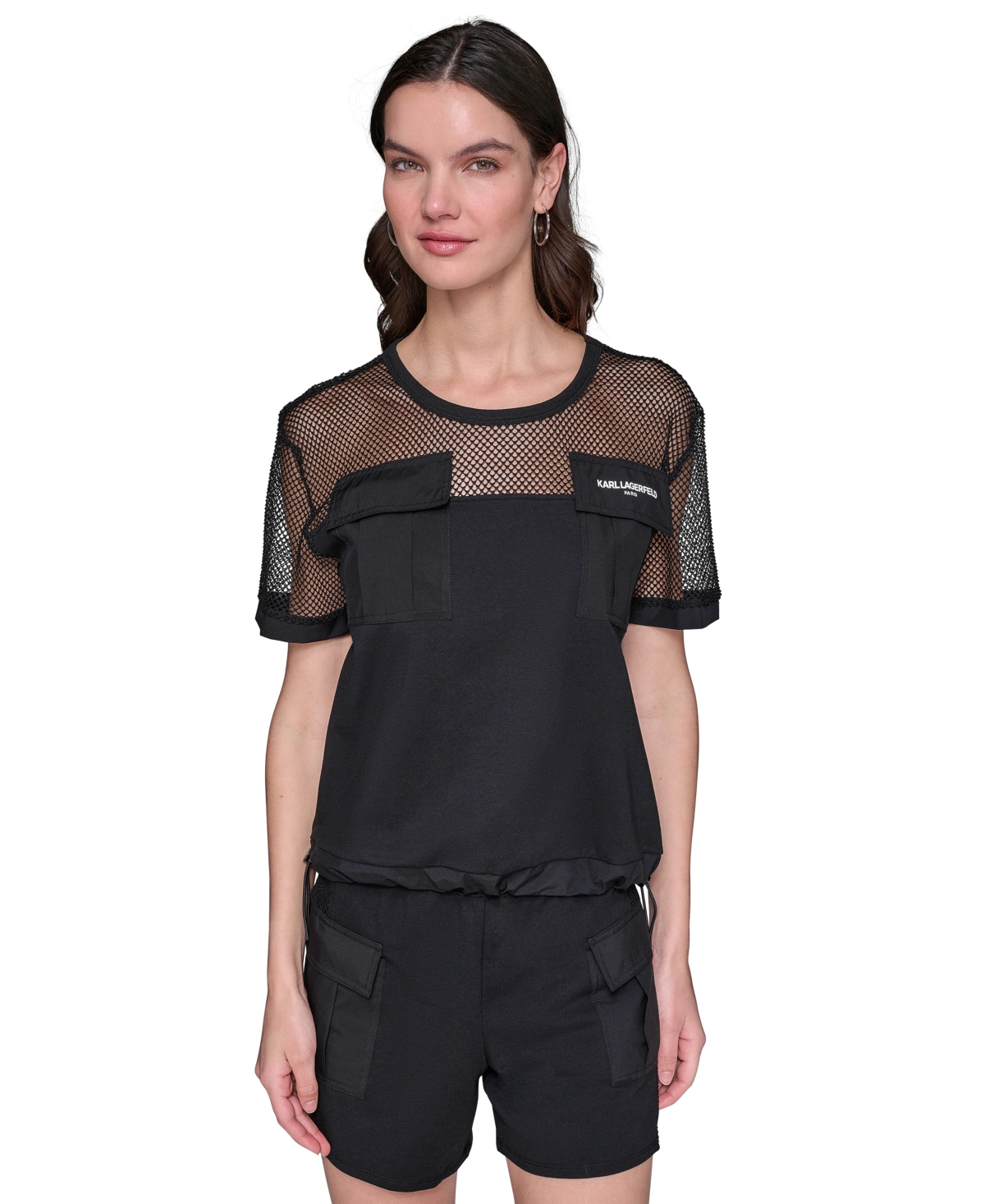 Shop Karl Lagerfeld Women's Mesh-trim Cargo Top In Black