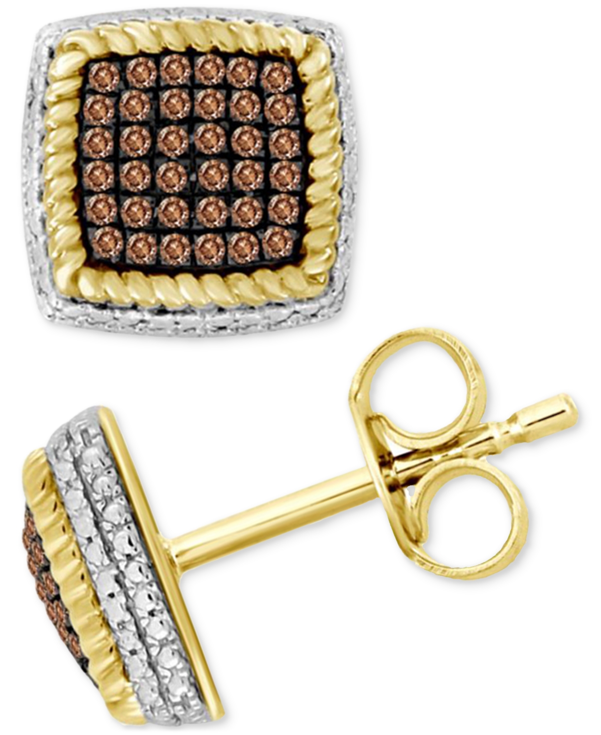 Macy's Men's Brown Diamond Square Cluster Stud Earrings (1/3 Ct. Tw) In 10k Gold