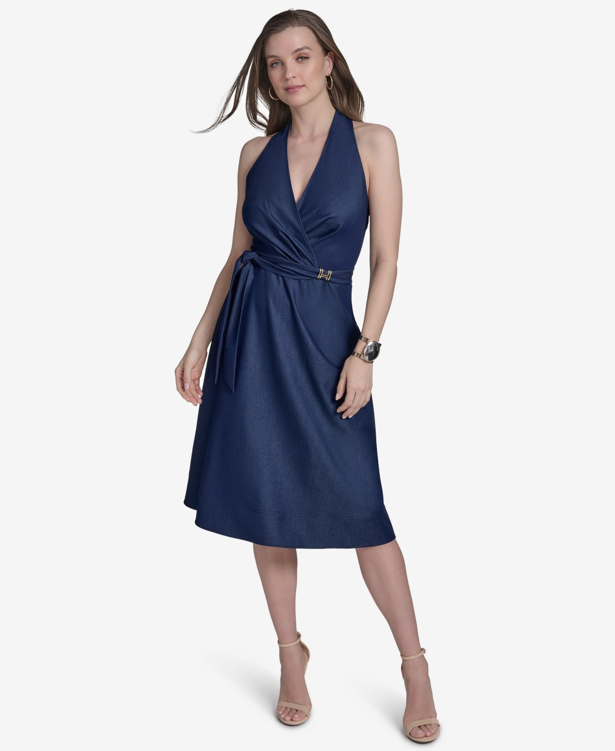 HALSTON WOMEN'S SLEEVELESS HALTER-NECK FAUX-WRAP MIDI DRESS 