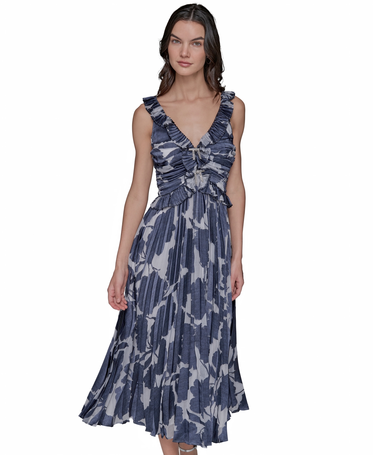 Karl Lagerfeld Women's Floral-print Pleated Midi Dress In Soft White  Indigo