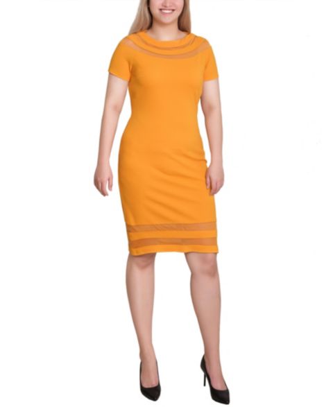 Женское платье NY Collection Petite Short Sleeve with Mesh Insets, цвет: Горчичный