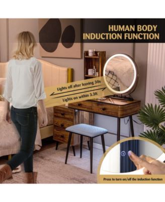 Vanity Table Set with 3-Color Lighted Mirror and Cushioned Stool