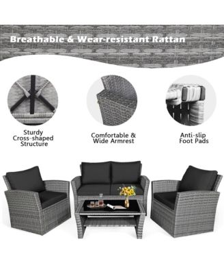 4 Piece Outdoor Furniture Set Patio Rattan Conversation Set w/ Cushions